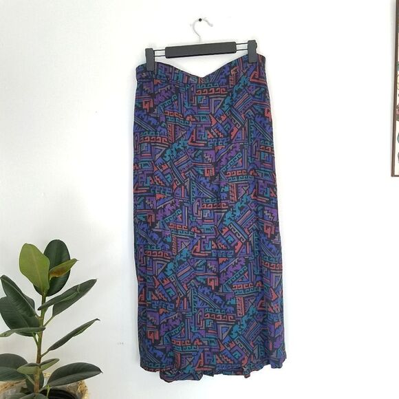Vintage 80s Adini Geometric Rayon Pleated Soft Midi Button Front Prairie Skirt - Picture 2 of 8